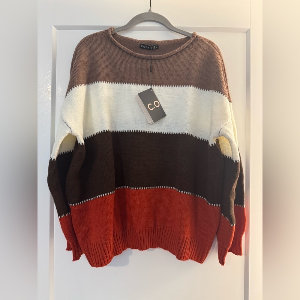 NWT C.O.Z.Y. Brown Orange and Cream Crew Neck Sweater Size 4/S